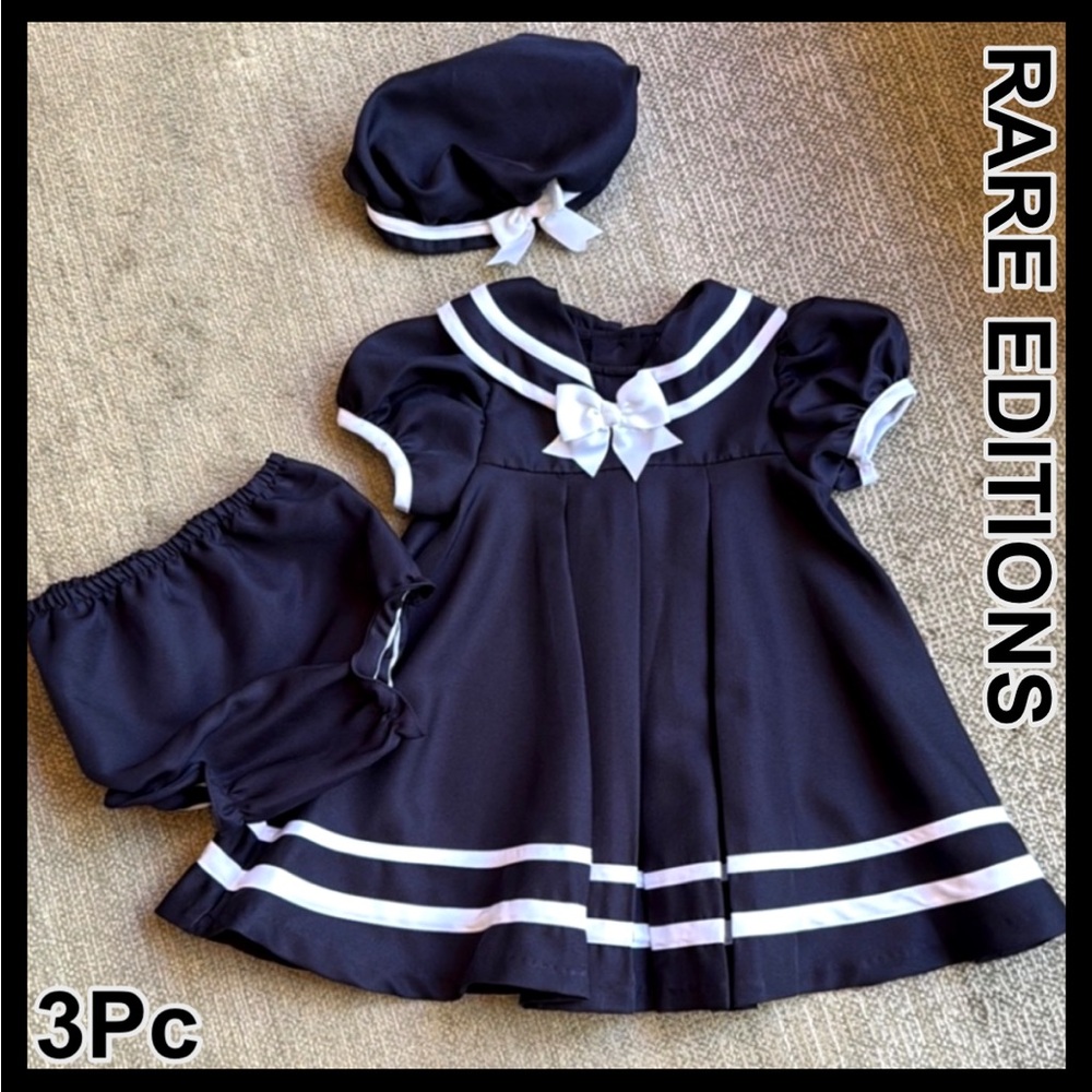 ⚓️RARE EDITIONS Dark Navy Sailor Dress Set w/Sleeves, Bloomers & Hat ~ 24months